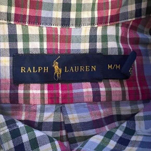 EUC Men's Ralph Lauren Pink Blue Green Plaid Button Down Oxford Shirt Sz MEDIUM - Picture 3 of 3